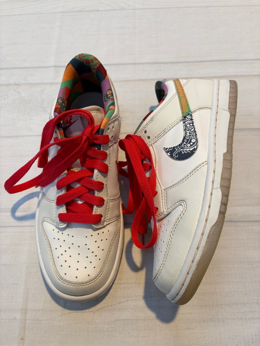 Nike White Low-Top Sneakers with Red Laces and Multicolor Paisley Lining